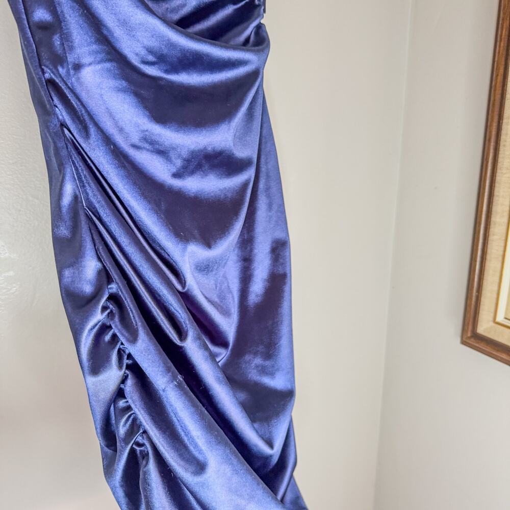GB Gianni Bini Blue Satin One Shoulder Ruched Bodycon Mini Dress Size 7 - Picture 10 of 12